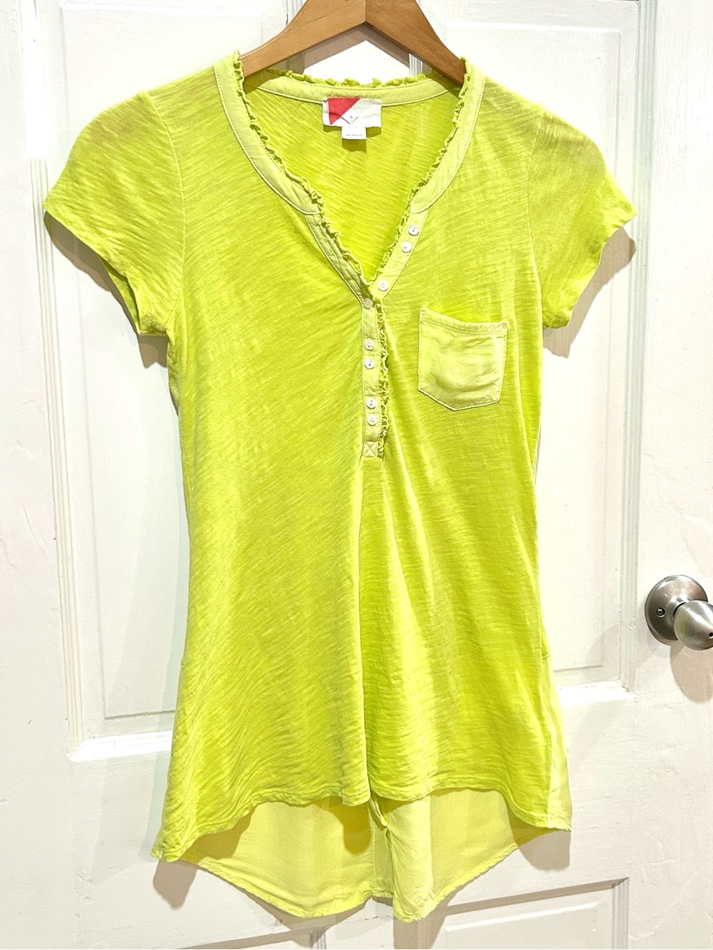 Anthropologie Chartreuse Henley Tunic Top Preppy Casual Ruffle Trim Size XS